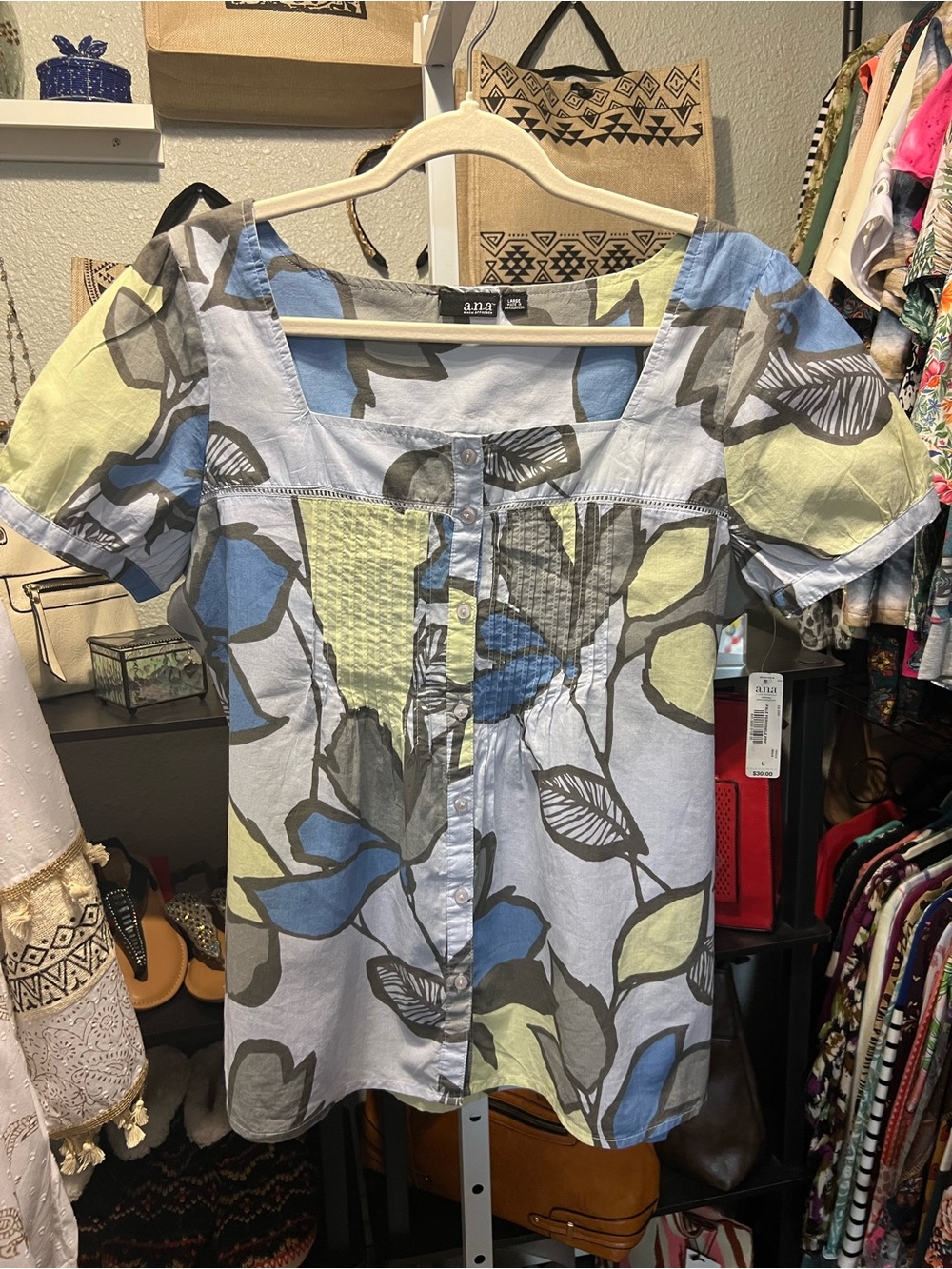 a.n.a Square Neck Short Sleeve Floral Top in Light Blue and Light Green